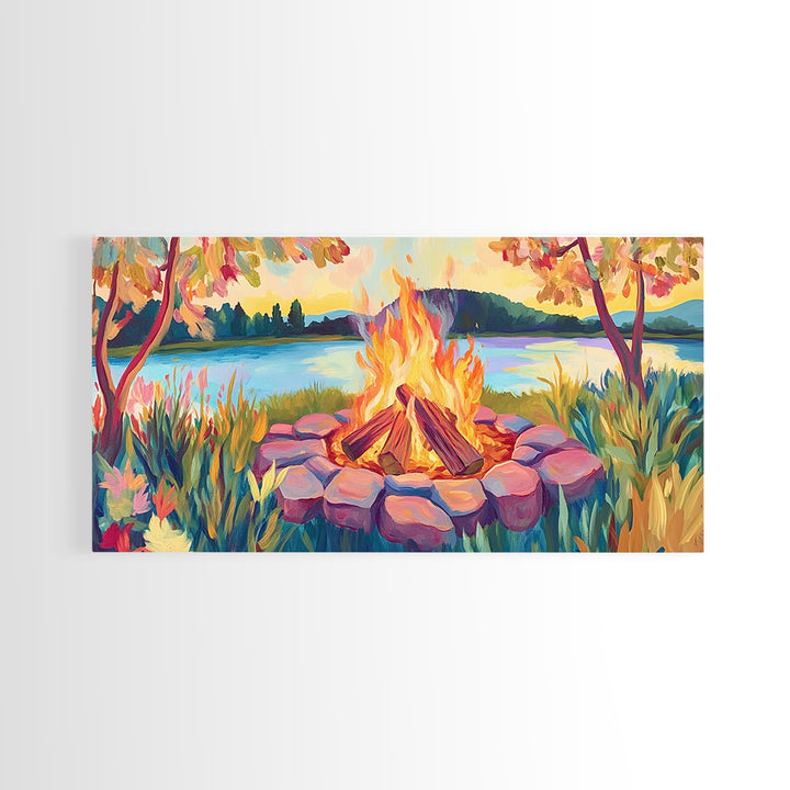 Lakeside Campfire At Sunset Framed Canvas Print, Cozy Cabin Wall Art, Rustic Home Decor, Nature Landscape Gift, Lake House Decor