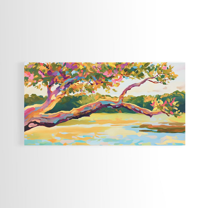 Colorful Lakeside Tree Wall Art, Vibrant Landscape Painting, Nature Canvas Wall Art, Living Room Decor, Housewarming Gift