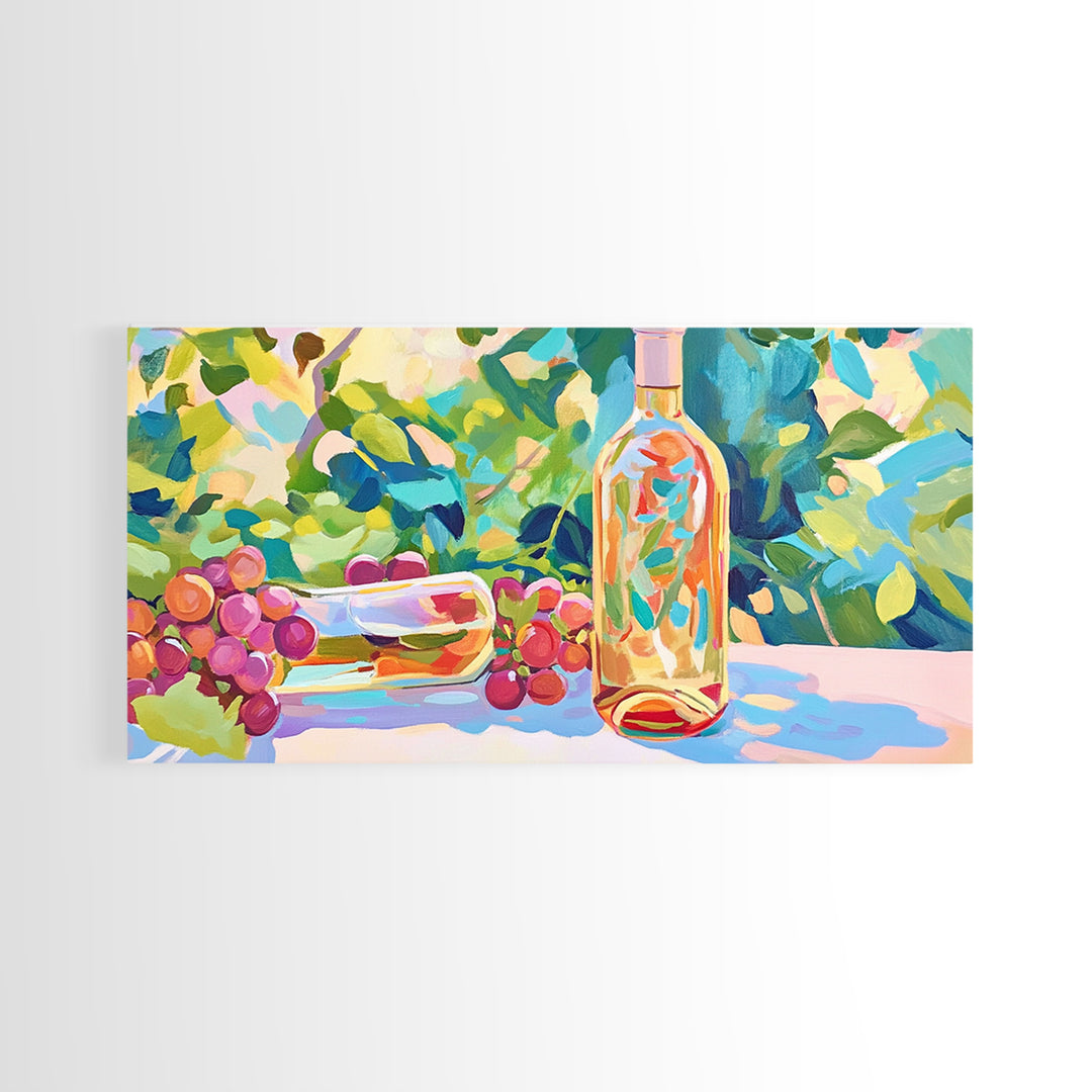 Sunlit Wine Bottle And Grapes Framed Canvas Print, Vineyard Kitchen Wall Art, Winery Decor, Wine Lover Housewarming Gift