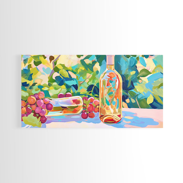 Sunlit Wine Bottle And Grapes Framed Canvas Print, Vineyard Kitchen Wall Art, Winery Decor, Wine Lover Housewarming Gift