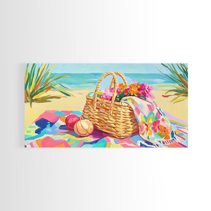 Beach Picnic Basket With Flowers Wall Art, Coastal Canvas Print For Beach House Decor, Summer Living Room Decor, Gift For Her