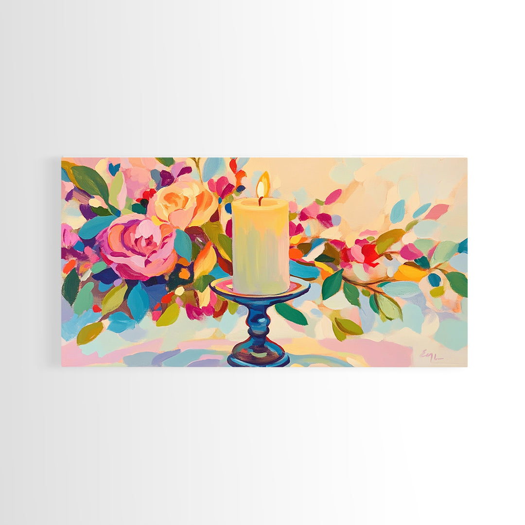 Lit Candle Among Lush Flowers Wall Art, Romantic Floral Framed Canvas Print For Bedroom Decor, Spa Decor, Gift For Her, Home Decor