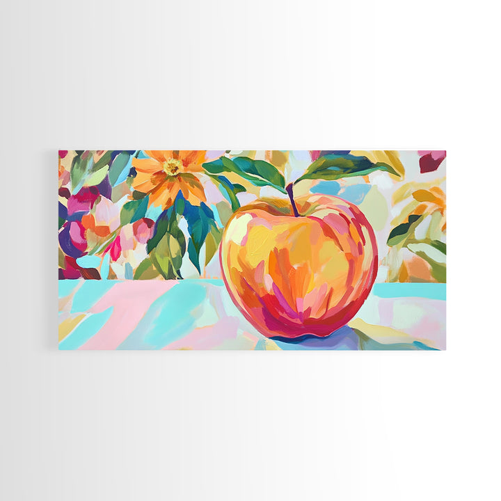 Single Apple With Bold Flowers Canvas Print, Colorful Kitchen Wall Art, Fruit Still Life, Botanical Decor, Housewarming Gift