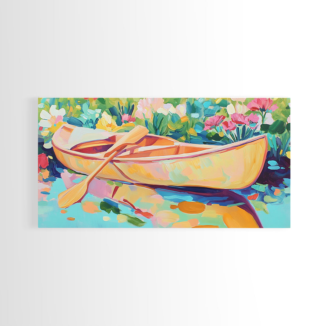 Yellow Canoe With Paddle In Floral Water Canvas Print, Coastal Wall Art, Lake House Decor, Boho Landscape, Housewarming Gift