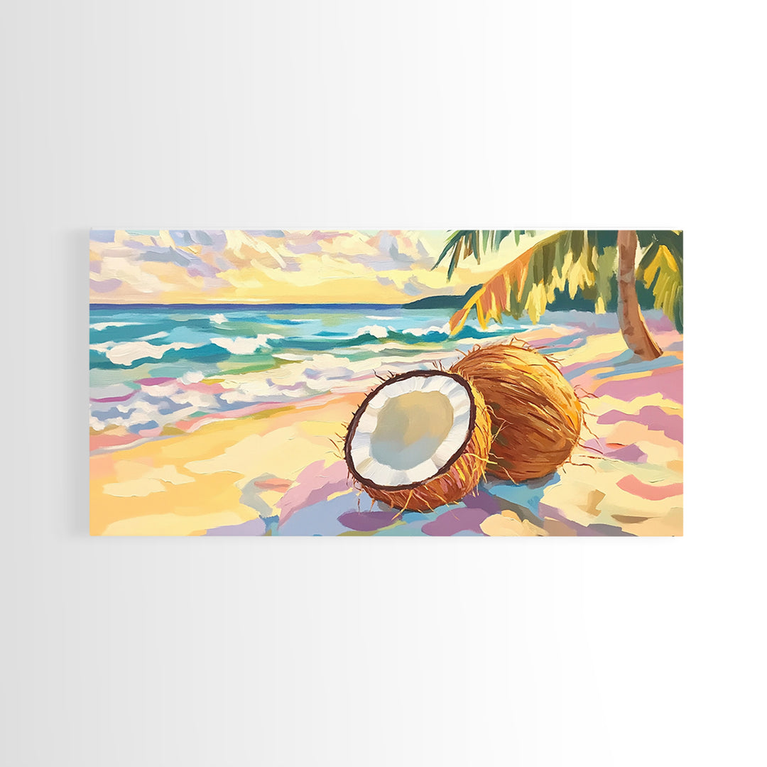 Tropical Coconut Beach Scene Canvas Print, Coastal Wall Art, Ocean Decor, Beach House Decor, Summer Kitchen Art, Gift For Her