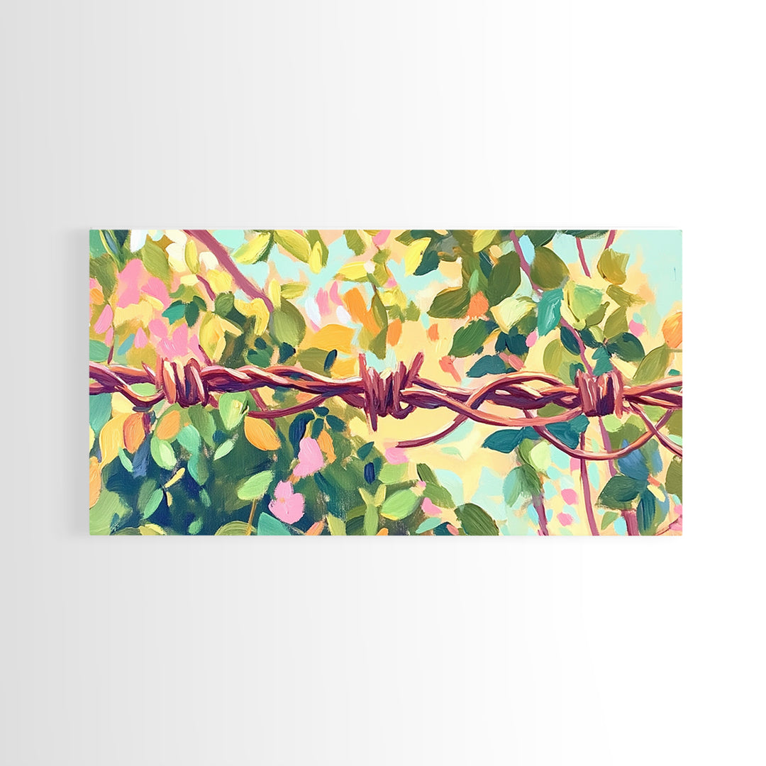 Barbed Wire And Green Vines Canvas Print, Rustic Farmhouse Wall Art, Country Decor, Western Wall Decor, Nature Art, Ranch Decor