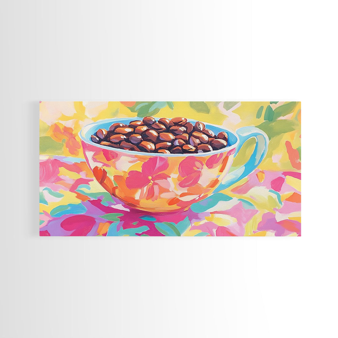 Floral Teacup With Coffee Beans Canvas Print, Coffee Bar Wall Art, Kitchen Decor, Cafe Art, Coffee Lover Gift, Home Decor