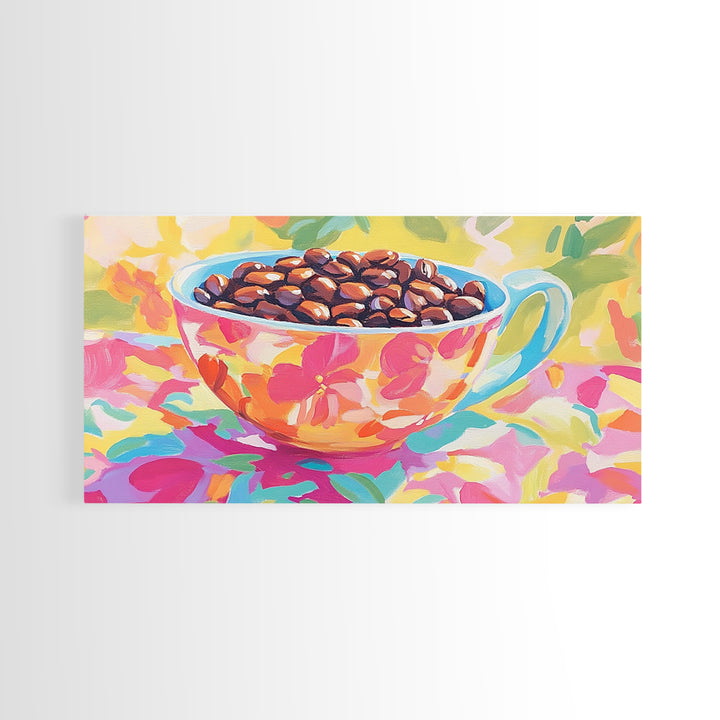 Floral Teacup With Coffee Beans Canvas Print, Coffee Bar Wall Art, Kitchen Decor, Cafe Art, Coffee Lover Gift, Home Decor
