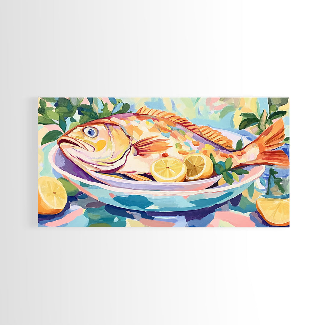 Whole Fish With Lemons On Platter Canvas Print, Coastal Kitchen Wall Art, Seafood Wall Decor, Nautical Home Decor Gift Idea