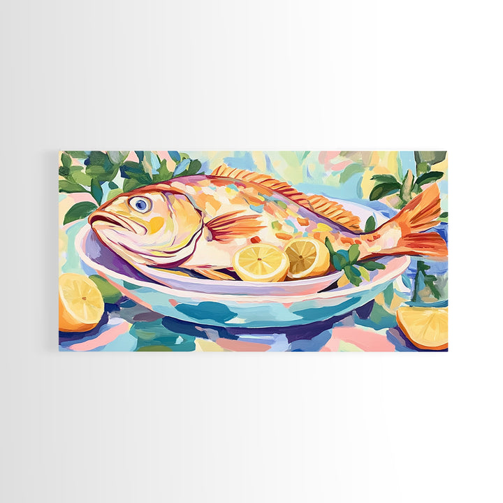 Whole Fish With Lemons On Platter Canvas Print, Coastal Kitchen Wall Art, Seafood Wall Decor, Nautical Home Decor Gift Idea