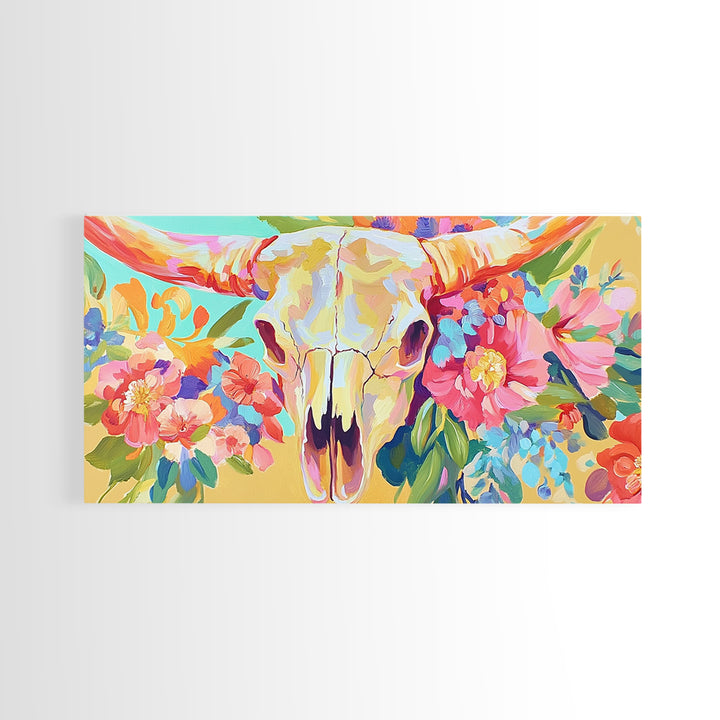 Floral Longhorn Skull With Pink Blooms Wall Art, Western Canvas Print, Cowgirl Decor, Boho Southwestern Housewarming Gift