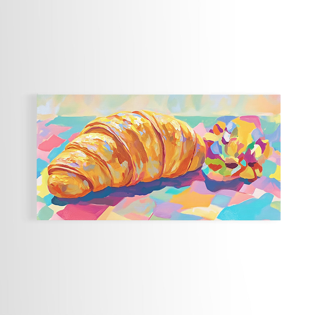 Golden Croissant And Macaron Wall Art, French Bakery Canvas Print, Cafe Kitchen Decor, Food Art Print, Sweet Gift For Baker