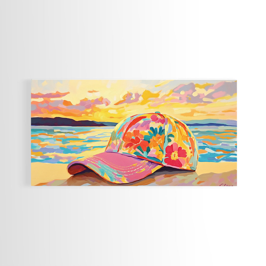 Floral Baseball Cap Wall Art, Beach Sunset Canvas Print, Coastal Cowgirl Decor, Ocean Wall Art, Summer Gift For Her, Beach House Decor