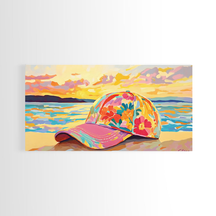 Floral Baseball Cap Wall Art, Beach Sunset Canvas Print, Coastal Cowgirl Decor, Ocean Wall Art, Summer Gift For Her, Beach House Decor