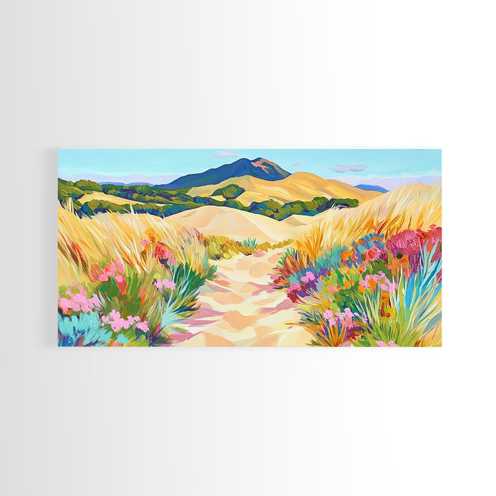 Golden Dune Path Canvas Print, Wildflower Landscape Wall Art, Coastal Desert Decor, Mountain Wall Art, Large Horizontal Art