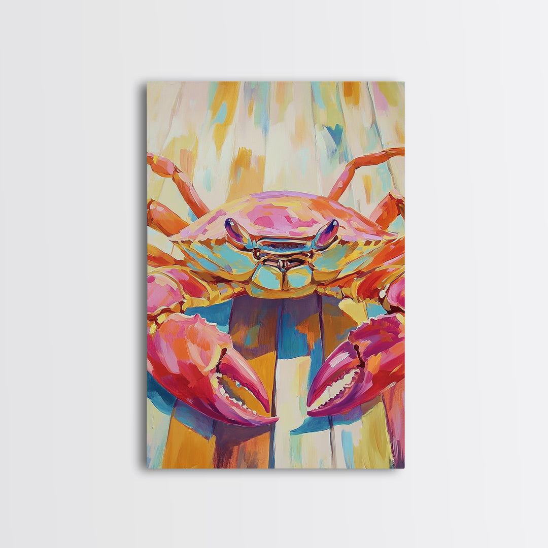 Vibrant Pink Crab On Weathered Dock Wall Art, Coastal Canvas Print For Beach House Decor, Ocean Wall Art, Seafood Gift Print