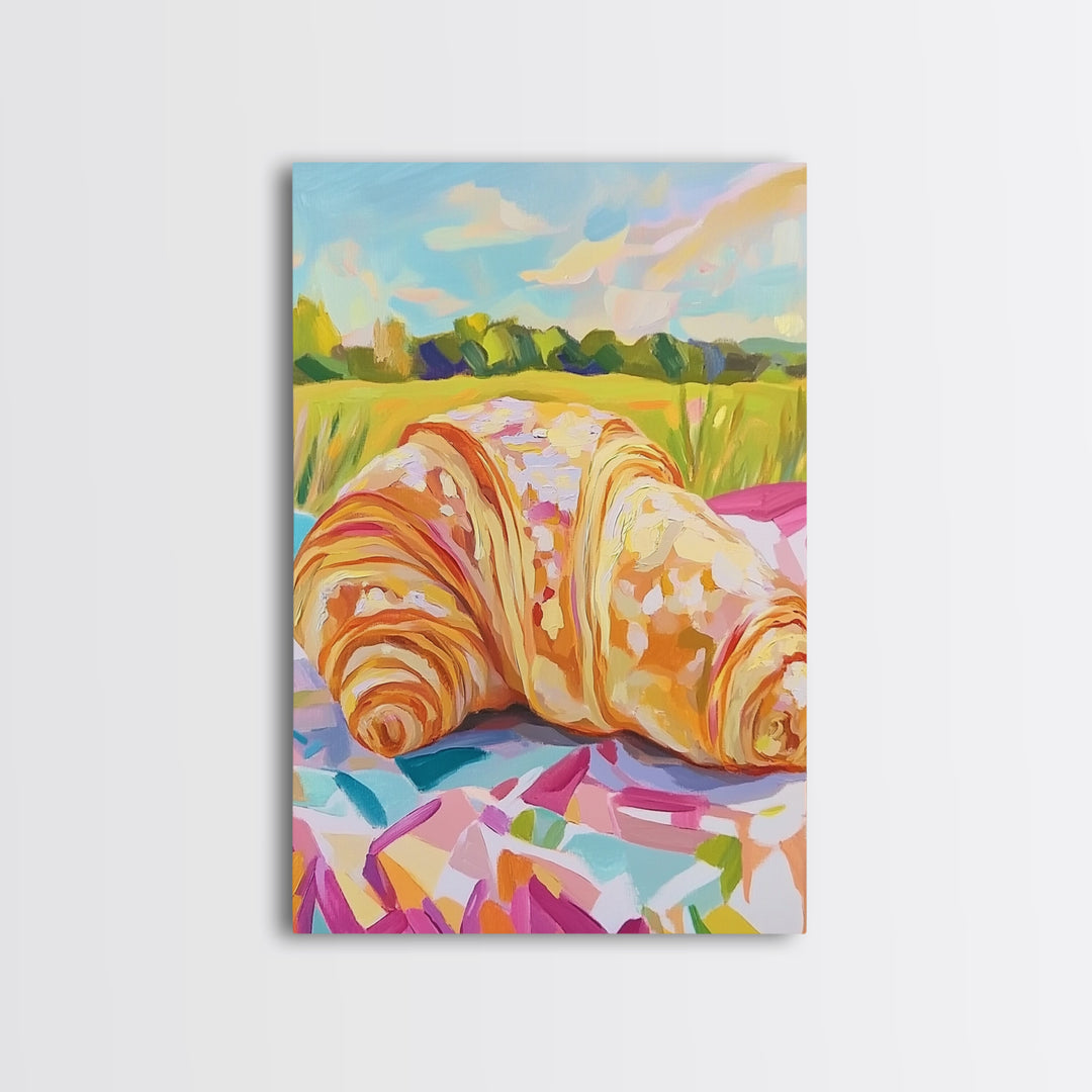 Golden Croissant Picnic In Sunny Field Wall Art, French Bakery Canvas Print For Kitchen Decor, Cafe Art Print, Foodie Gift