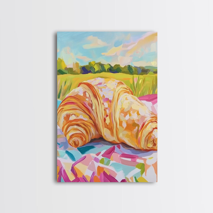 Golden Croissant Picnic In Sunny Field Wall Art, French Bakery Canvas Print For Kitchen Decor, Cafe Art Print, Foodie Gift