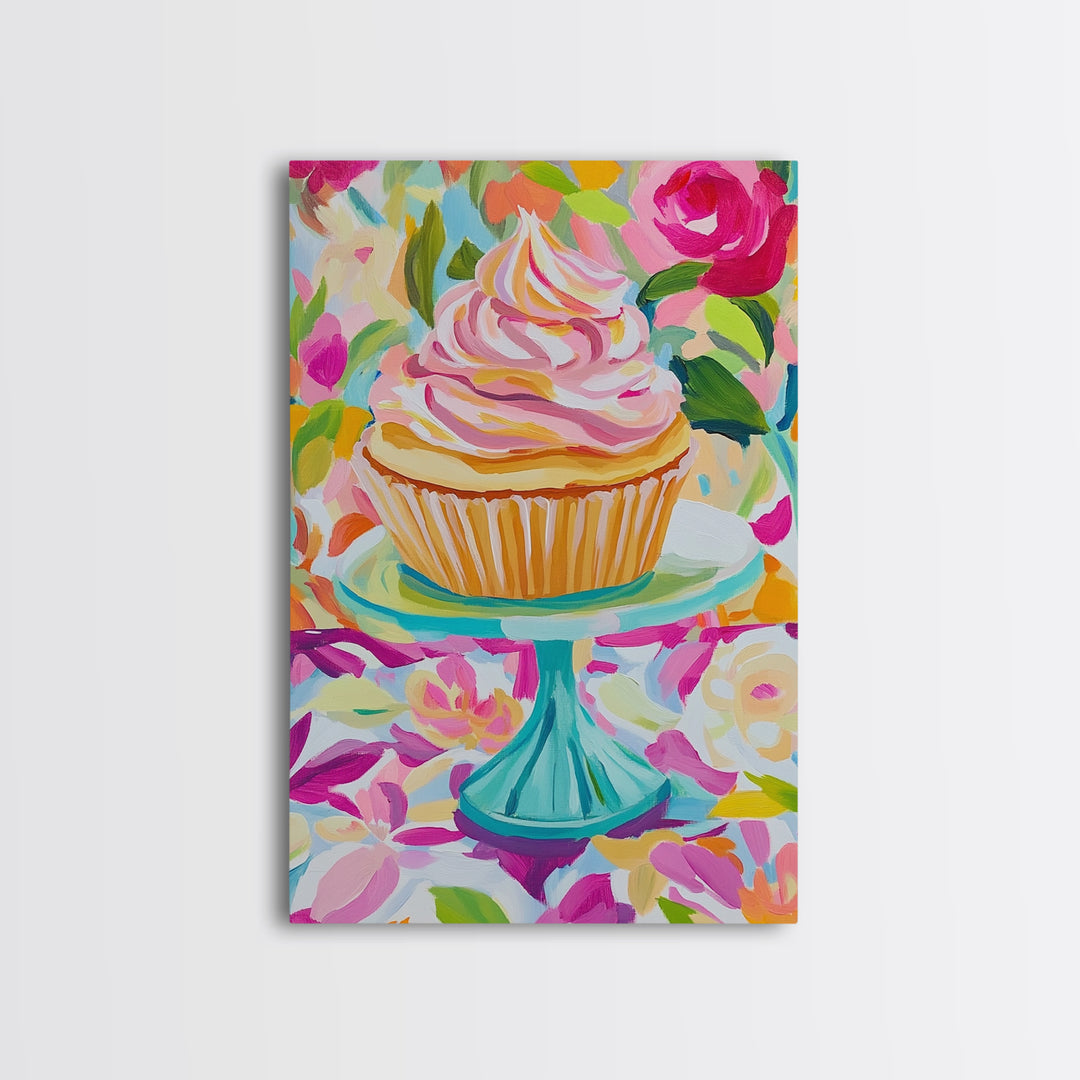 Pink Cupcake On Turquoise Cake Stand Wall Art, Cute Bakery Canvas Print For Kitchen Decor, Girls Room Art, Gift For Baker
