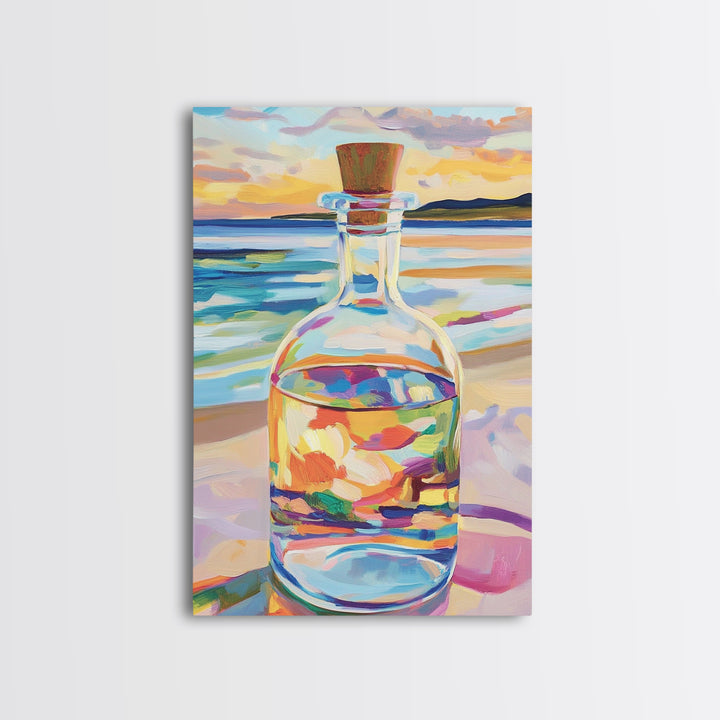 Glass Bottle At Sunset Beach Wall Art, Coastal Canvas Print For Ocean Decor, Seascape Art, Beach House Decor Gift For Her