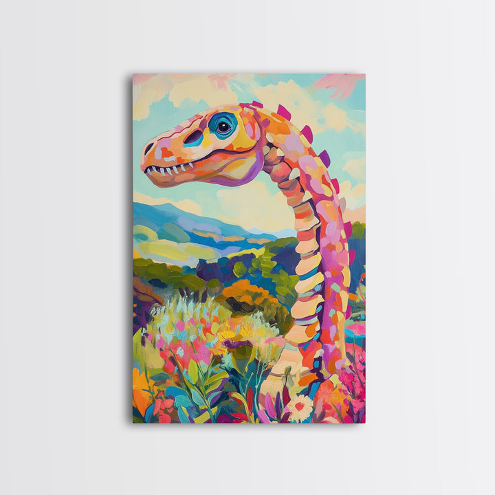 Whimsical Dinosaur In Colorful Hills Framed Canvas Print, Kids Room Wall Art, Nursery Decor, Fantasy Landscape Art Gift Idea