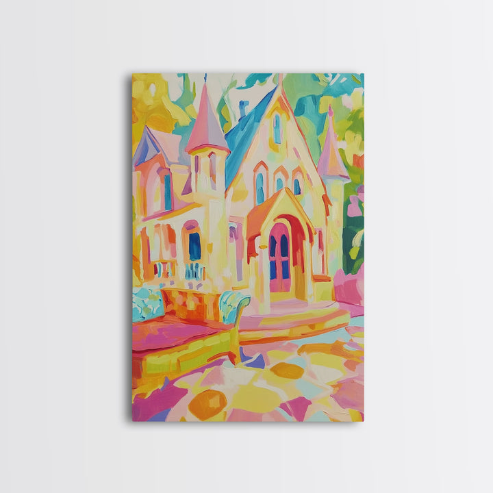 Pastel Storybook Castle With Swan Framed Canvas Print, Whimsical Wall Art, Kids Room Decor, Fairy Tale Nursery Gift For Girls Room