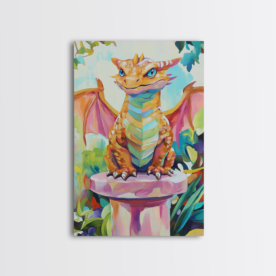 Cute Baby Dragon On Pedestal Canvas Print, Fantasy Wall Art, Whimsical Nursery Decor, Kids Room Art Gift For Dragon Lovers