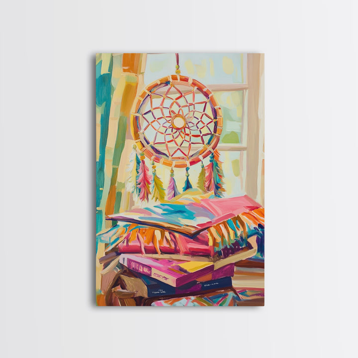 Boho Dreamcatcher And Stacked Books By Window Canvas Print, Whimsical Wall Art, Reading Nook Decor, Colorful Bedroom Art