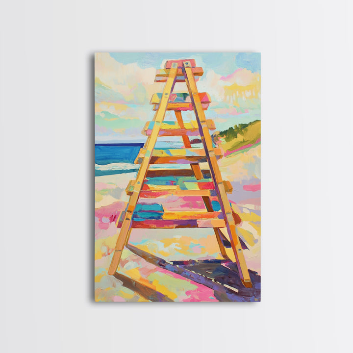 Pastel Beach Ladder Leading To Blue Ocean Wall Art, Coastal Wall Decor, Summer Beach House Decor, Large Canvas Print, Housewarming Gift