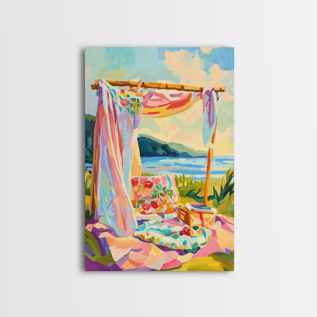 Sunny Beach Cabana Picnic Canvas Print, Coastal Wall Art, Tropical Beach House Decor, Summer Ocean Landscape, Gift For Her