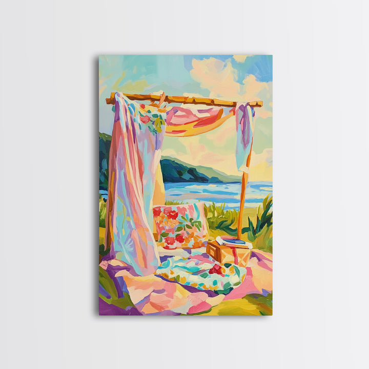 Sunny Beach Cabana Picnic Canvas Print, Coastal Wall Art, Tropical Beach House Decor, Summer Ocean Landscape, Gift For Her