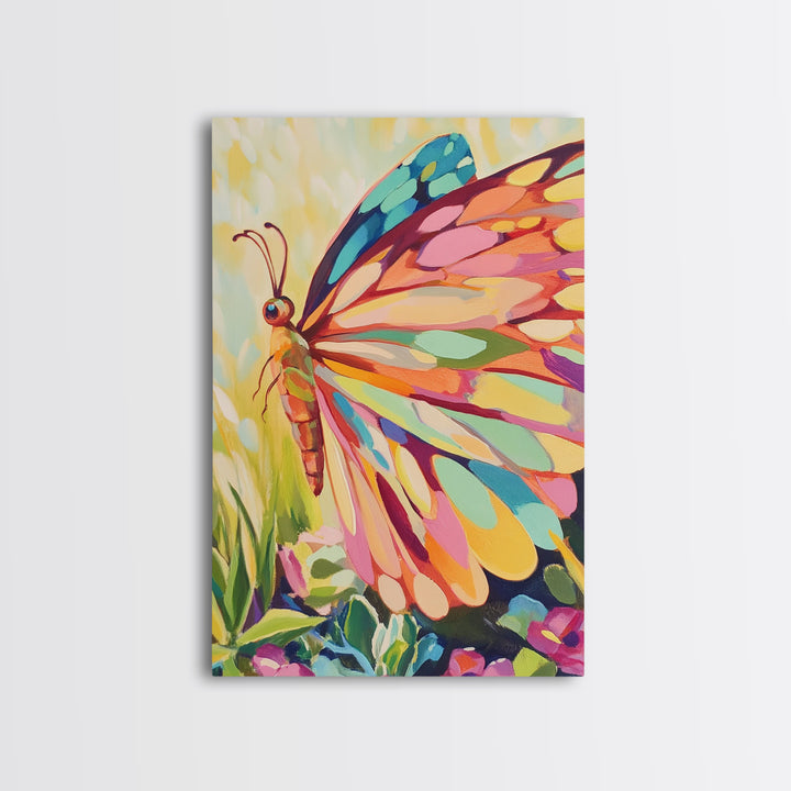 Rainbow Butterfly Canvas Print, Colorful Animal Wall Art, Whimsical Garden Decor, Nature Inspired Art, Nursery Wall Art Gift