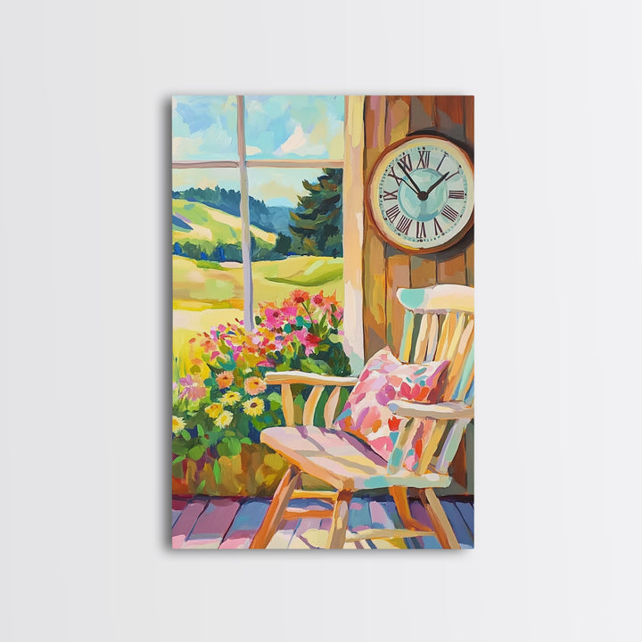 Sunlit Porch Rocking Chair Canvas Print, Country Wall Art, Farmhouse Decor, Floral Landscape Art, Cozy Living Room Decor Gift