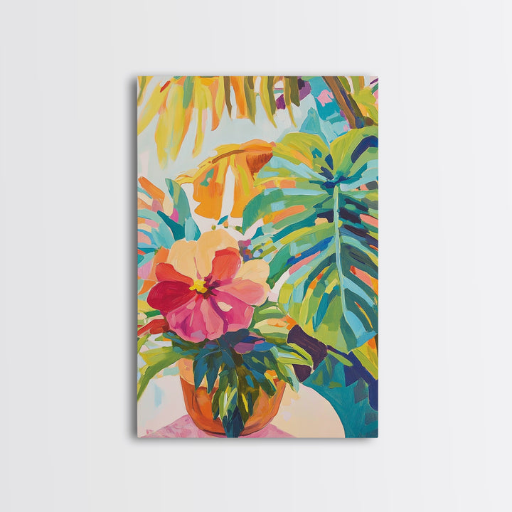 Pink Hibiscus And Monstera Tropical Wall Art, Colorful Botanical Canvas Print, Coastal Boho Living Room Decor, Housewarming Gift