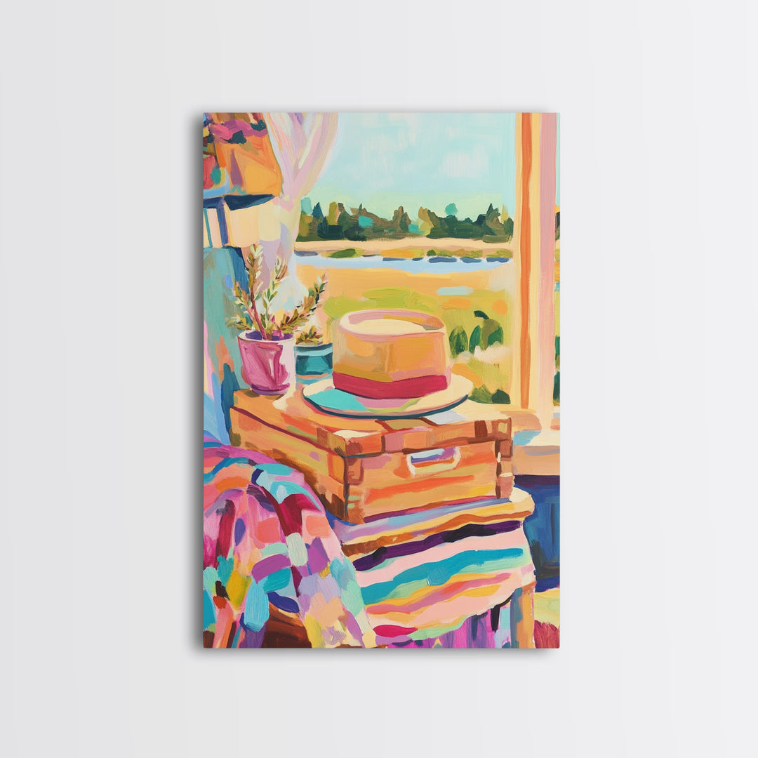 Sun Hat On Suitcase By Coastal Window Wall Art, Travel Canvas Print, Beach House Decor, Summer Bedroom Art, Gift For Her