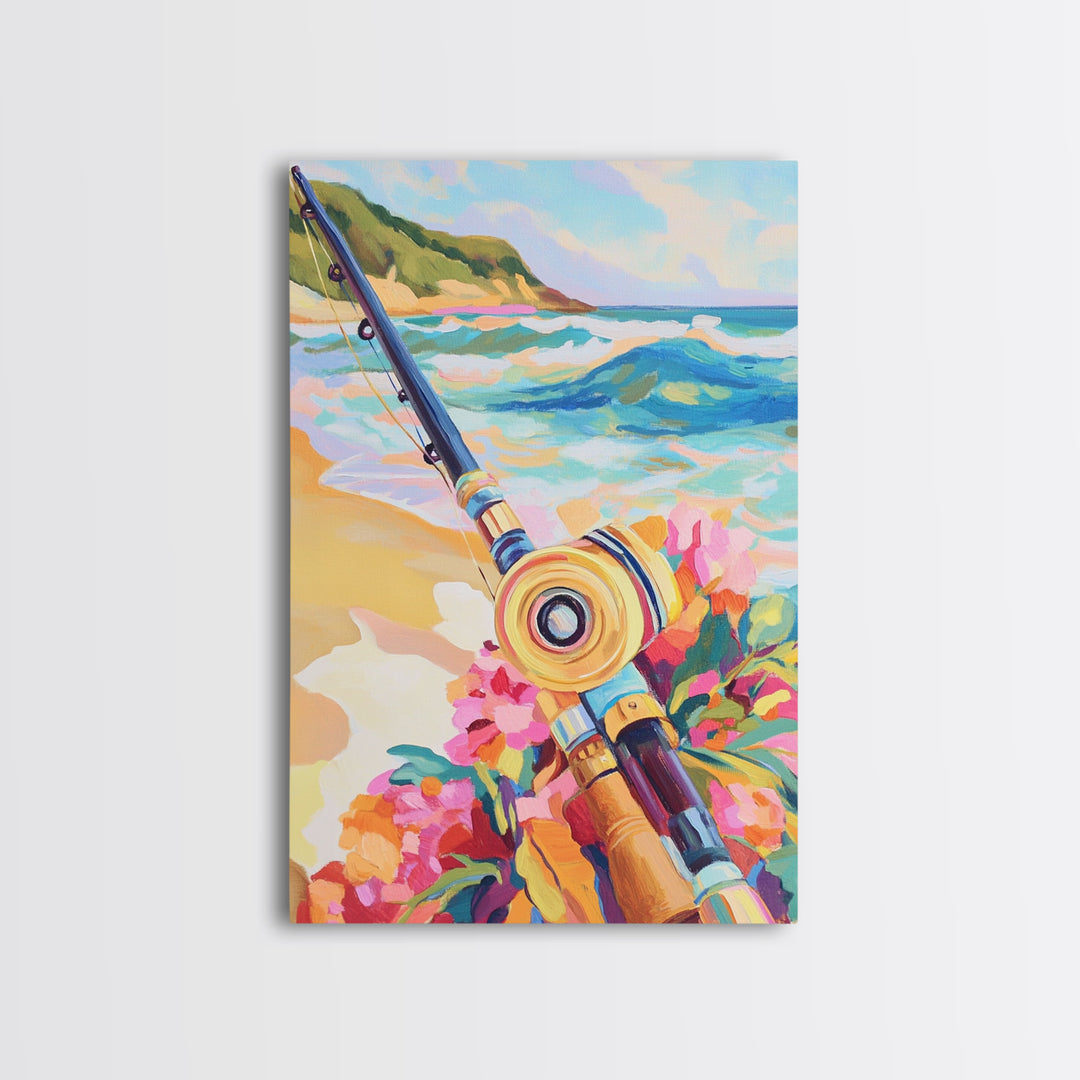 Beach Fishing Rod And Tropical Flowers Canvas Print, Coastal Wall Art, Ocean Wall Decor, Gift For Him, Beach House Decor