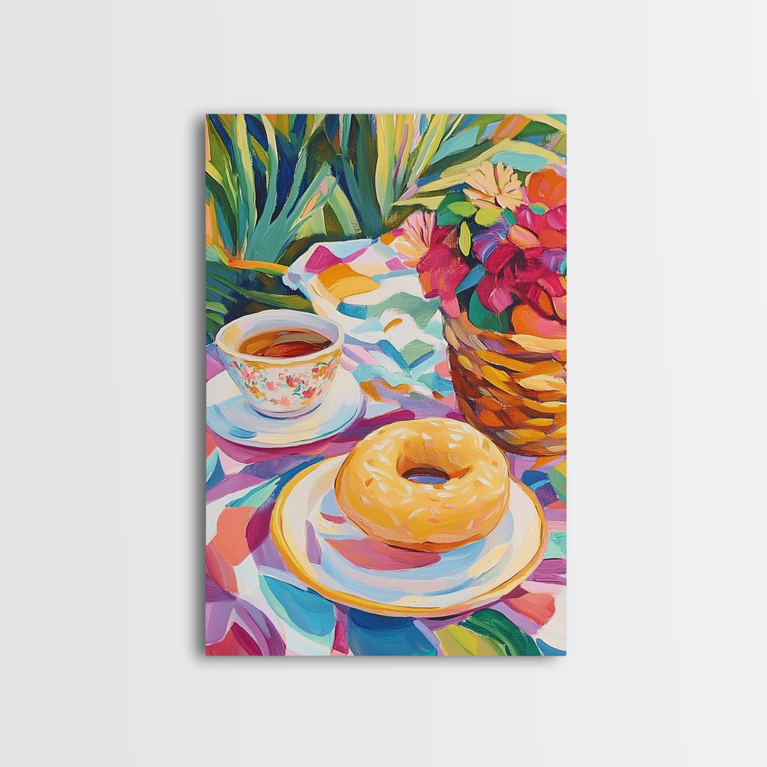 Tea Cup And Glazed Donut Garden Picnic Canvas Print, Kitchen Wall Art, Coffee Bar Decor, Whimsical Food Art, Gift For Her