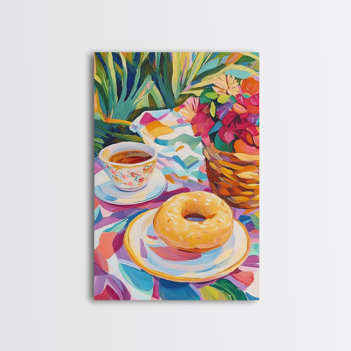 Tea Cup And Glazed Donut Garden Picnic Canvas Print, Kitchen Wall Art, Coffee Bar Decor, Whimsical Food Art, Gift For Her