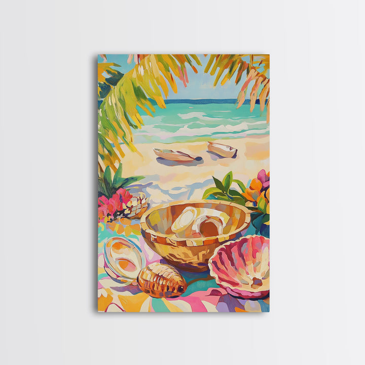 Tropical Seashell Bowl Canvas Print, Coastal Wall Art, Beach House Decor, Ocean Art Print, Summer Living Room Decor, Gift For Her