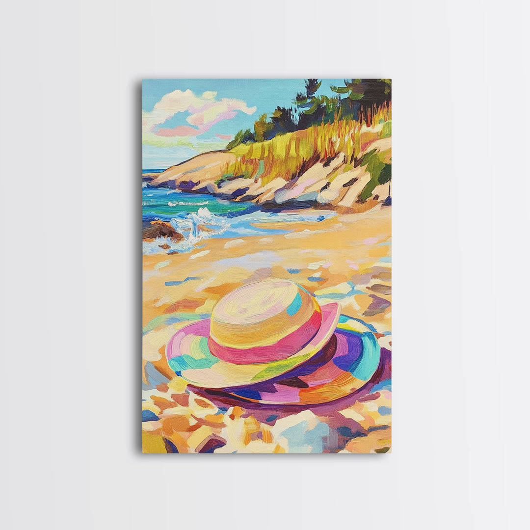 Striped Beach Hat On Shore Canvas Print, Coastal Wall Art, Summer Beach House Decor, Ocean Landscape Art, Gift For Her, Seaside Wall Decor