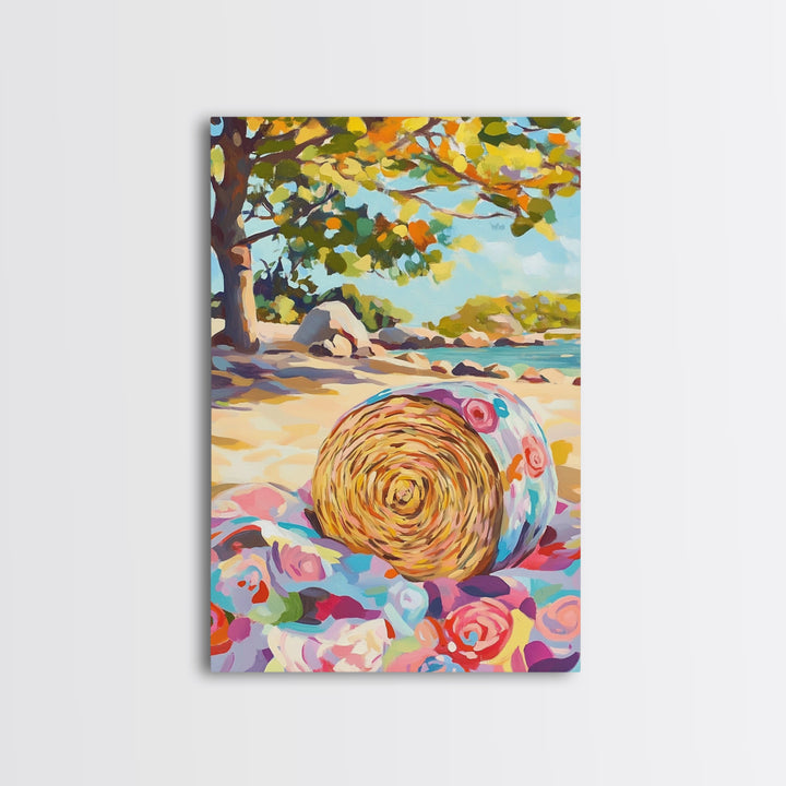 Floral Straw Hat On Sunny Beach Wall Art, Coastal Canvas Print, Tropical Seascape, Beach House Decor, Summer Gift For Her