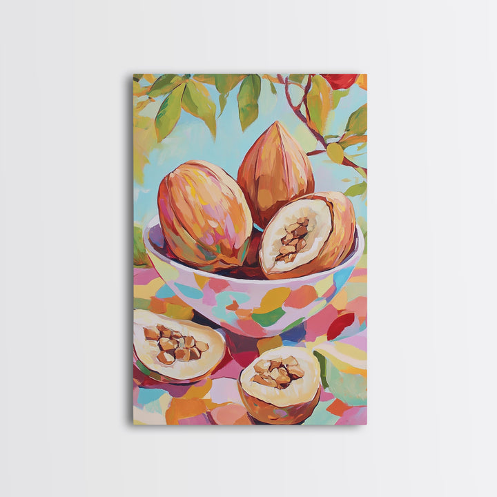 Tropical Cacao Pods In Painted Bowl Wall Art, Colorful Kitchen Canvas Print, Botanical Fruit Still Life, Foodie Home Decor