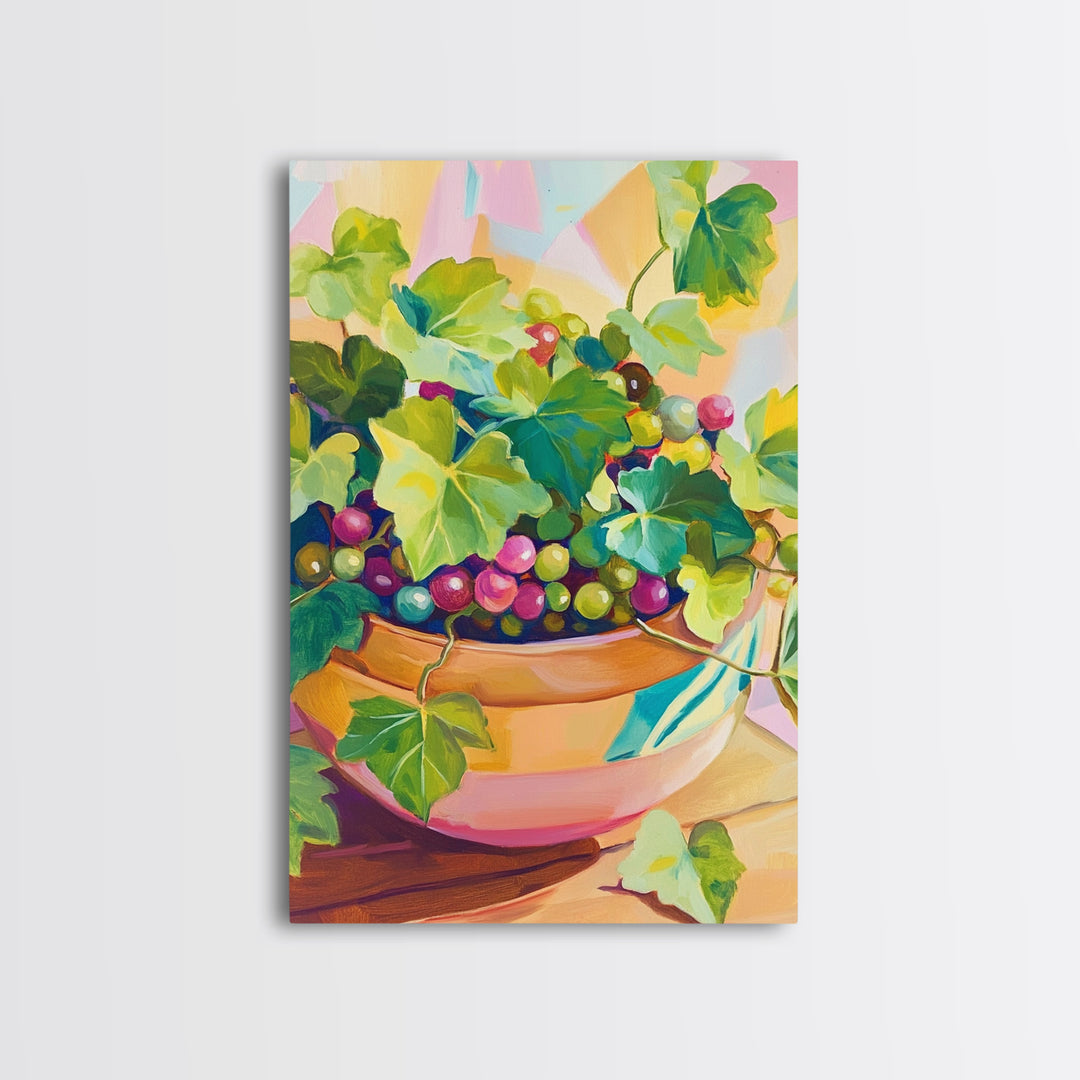 Grapes And Ivy In Ceramic Bowl Canvas Print, Colorful Kitchen Wall Art, Fruit Still Life, Winery Decor, Dining Room Prints