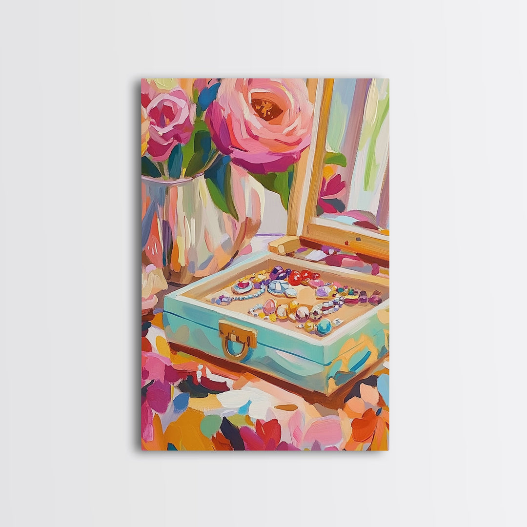 Pink Roses Jewelry Box With Rings Framed Canvas Print, Feminine Vanity Wall Art, Coquette Bedroom Decor, Romantic Gift For Her