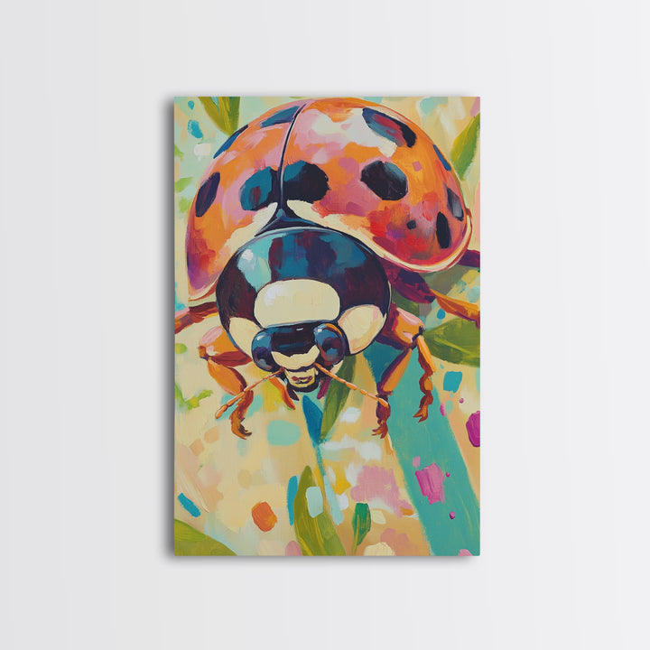 Colorful Ladybug On Green Leaves Canvas Print, Whimsical Animal Wall Art, Nature Inspired Decor, Nursery Art, Garden Lover Gift