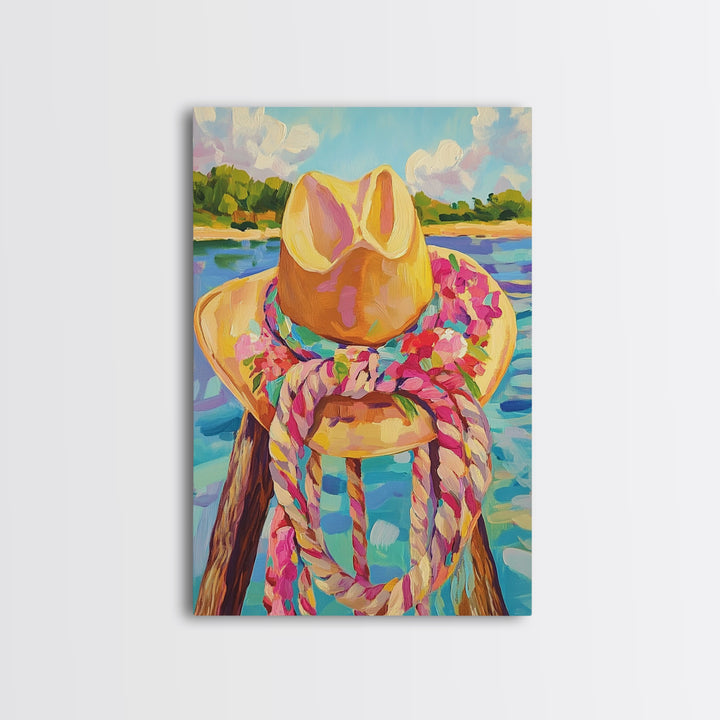 Cowgirl Hat And Rope By Lake Framed Canvas Print, Western Wall Art For Coastal Cowgirl Decor And Rustic Home Decor, Living Room Wall Decor