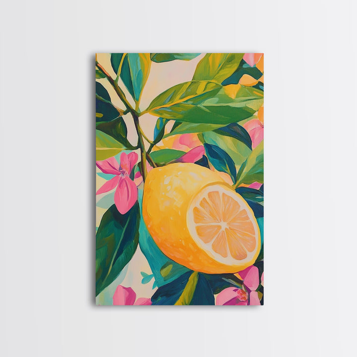 Bright Lemon Branch With Pink Blossoms Wall Art, Botanical Canvas Print For Kitchen Decor, Coastal Home Decor And Gift For Her