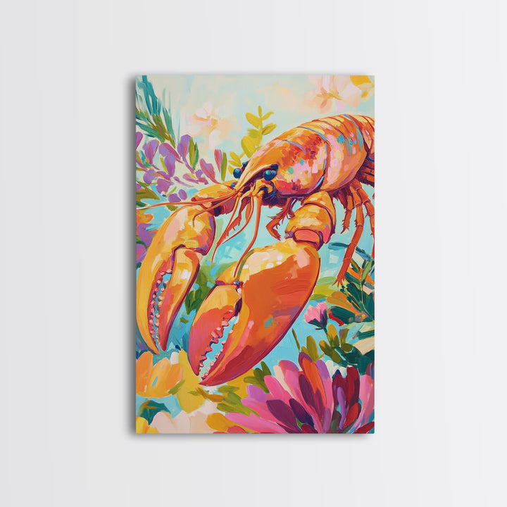 Vibrant Lobster With Garden Florals Canvas Print, Coastal Wall Art, Seafood Wall Decor, Tropical Kitchen Decor, Gift For Her