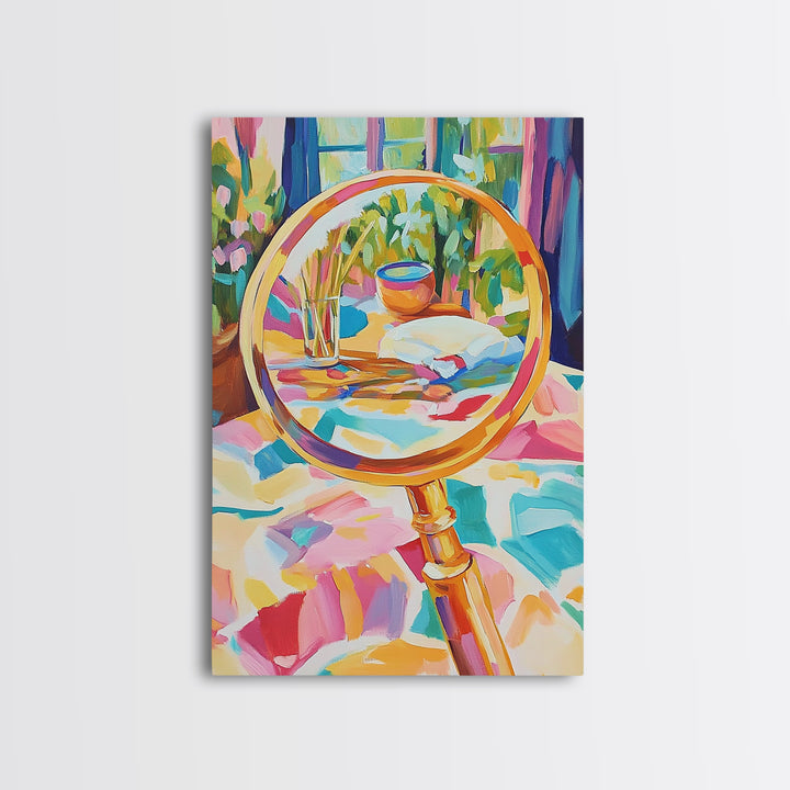 Gold Magnifying Glass With Garden View Canvas Print, Eclectic Wall Art, Botanical Wall Decor, Colorful Still Life Art Print