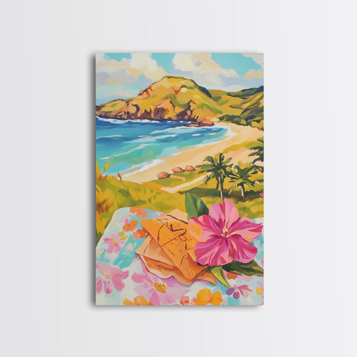 Tropical Beach View With Hibiscus Canvas Print, Coastal Wall Art, Ocean Wall Decor, Summer Landscape, Beach House Decor Gift